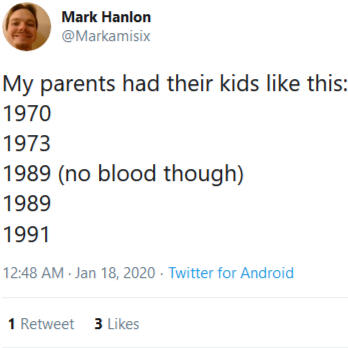 My parents had their kids like this: 1970 1973 1989 1989 1991